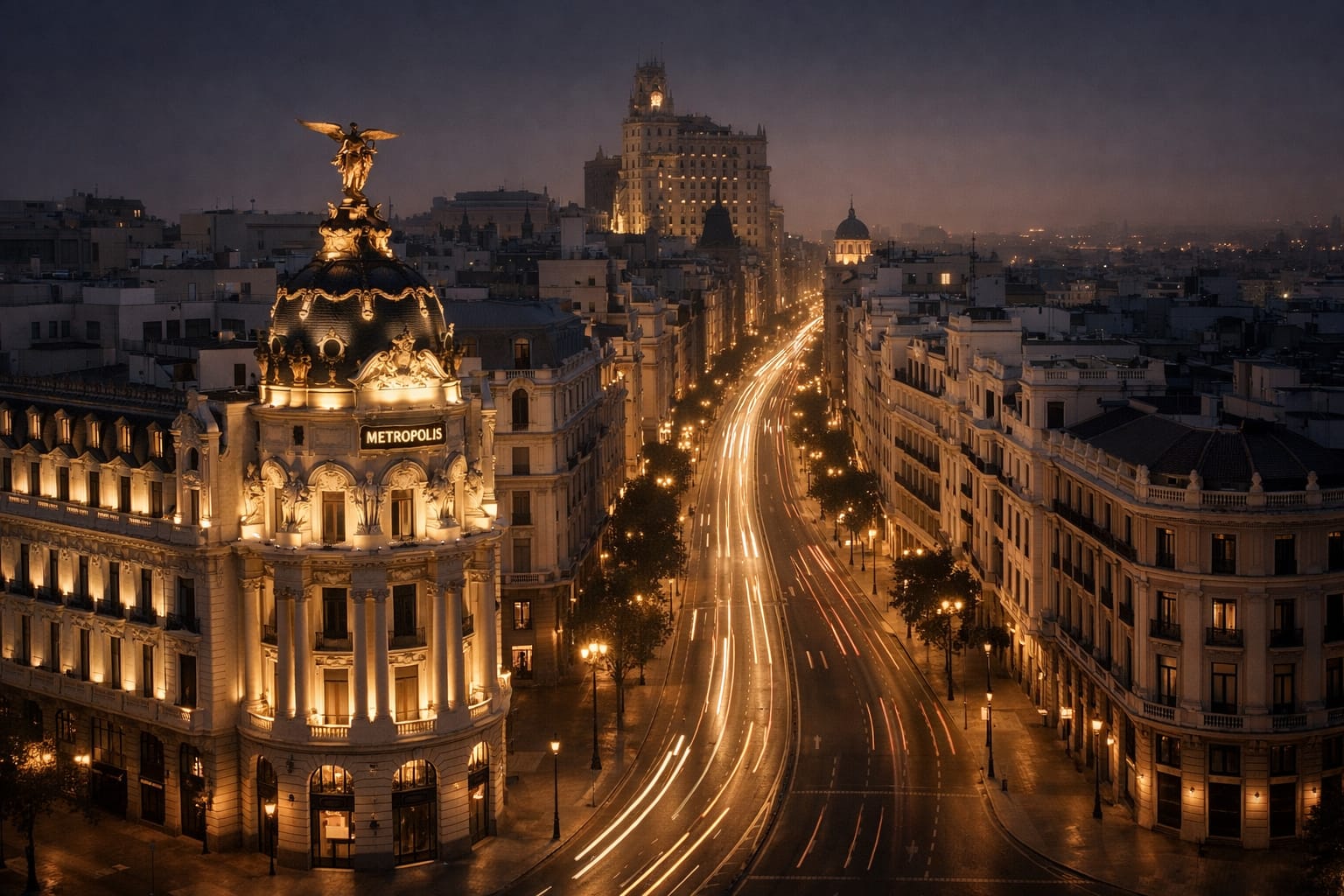 Gran Via de Madrid de noche con luces urbanas y arquitectura historica